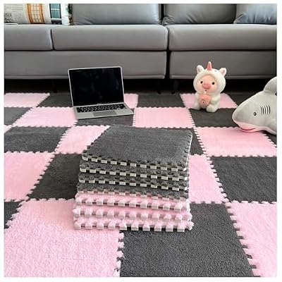 OOWK 16 Piece Puzzle Interlocking Foam Floor Mats, Soft and Fluffy Interlocking Square Foam Tile Carpet for Living Room Bedroom Decoration (12X12 Inch)(Color:Gray + Pink)