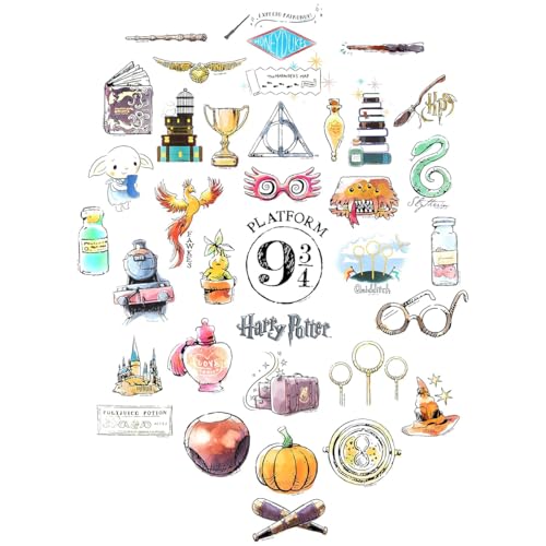 Conquest Journals Harry Potter Watercolor Vinyl Stickers, Set of Unique Sticker Decals, 5 Holograms, Waterproof, UV & Scratch Resistant, Great for Gadgets, Officially Licensed (White Vinyl, 60-Pack)
