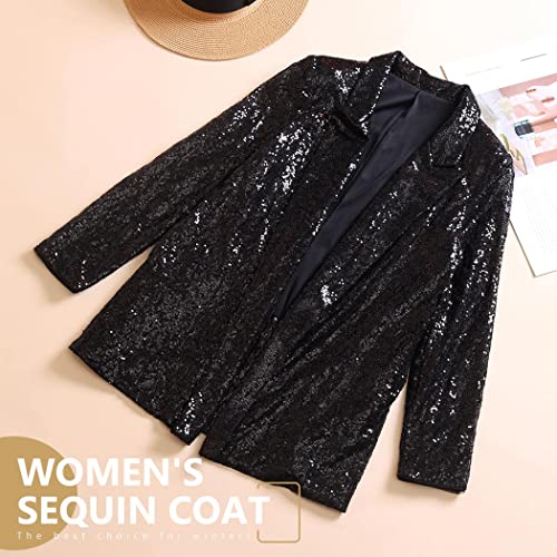 Edary Women's Sequin Jacket Casual Open Front Blazer Jackets Glitter Sparkle Lapel Long Sleeve Cardigan Coat WT302