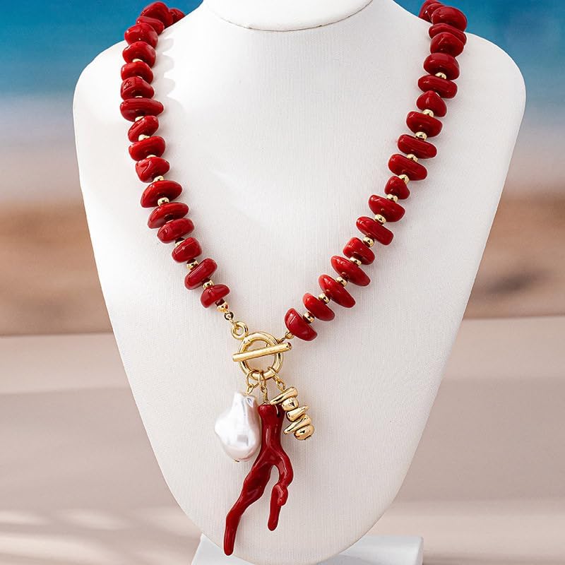 Red Coral starfish Choker Necklace for Women Dainty Red Acrylic Irregular Bead Ocean Pendant Necklace Valentine's Day Statement Jewelry Accessories for Women - Image 7