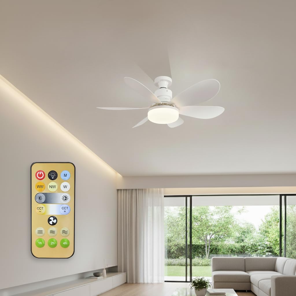 LED ATOMANT Ventilador de Techo con Luz LED y Mando a Distancia, 40W Ø52cm E27, Silencioso, Regulable en 3 Colores y Velocidades, Temporizador, 6 Aspas