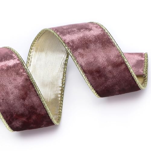 Image of Ribbli Rose Gold Velvet Wired Ribbon 1.5 Inch Metallic Rose Gold Crushed Velvet Christmas Ribbon for Gift Wrapping Christmas Tree Decoration Crafts Wreaths Supplies-Continuous 10 Yards