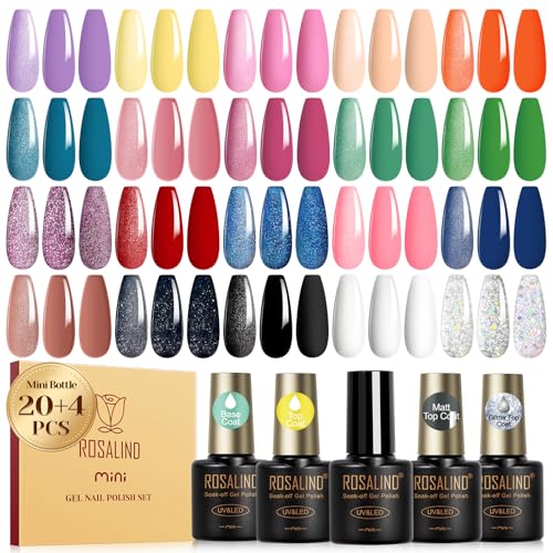 ROSALIND Esmaltes Semipermanentes Para Uñas, 24 Piezas Amarillo Morado Verde Azul Rosa Colores Pintauñas Semipermanentes con Base Top Coat, Mate y Purpurina Top Coat UV LED Nail Art Manicure