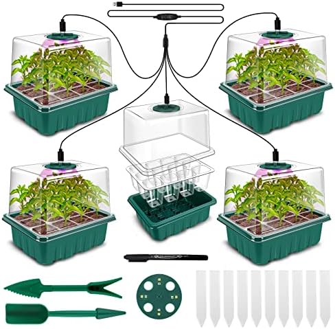 SURJIER Seed Starter Tray with Grow Light, 60 Flexible Cells 5 PCS Seed Starter Kit, Reusable Seedling Starter Trays with Humidity Dome & High Lid, for Indoor Greenhouse Seed Starter