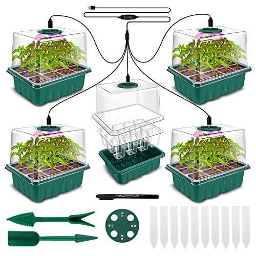 Surjier Seed Starter Tray With Grow Light, 60 Flexible Cells 5 Pcs Seed Starter Kit, Reusable Seedling Starter Trays With Humidity Dome & High Lid, For Indoor Greenhouse Seed Starter #TOP10