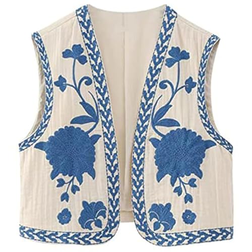 Chaleco vintage de ganchillo para mujer con bordado floral de poliéster talla L