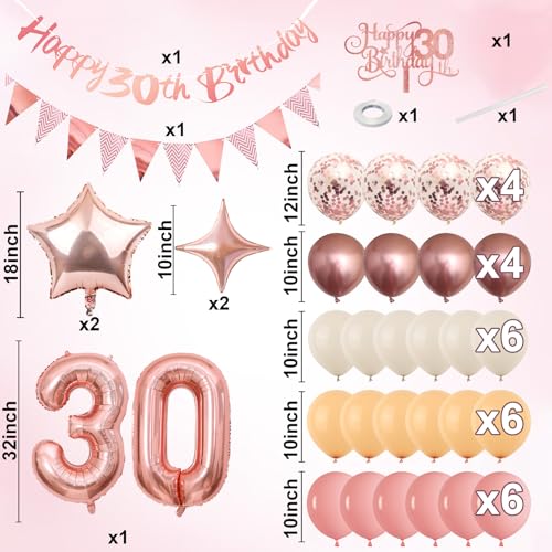 Image of Jobkoo 30th Birthday Decorations for Women, Retro Pink Beige Number 30 Balloon Set Happy 30th Birthday Banner Cake Topper Dusty Pink Nude Rosegold Star Balloons for Her 30 Year Old Bday Party Decor