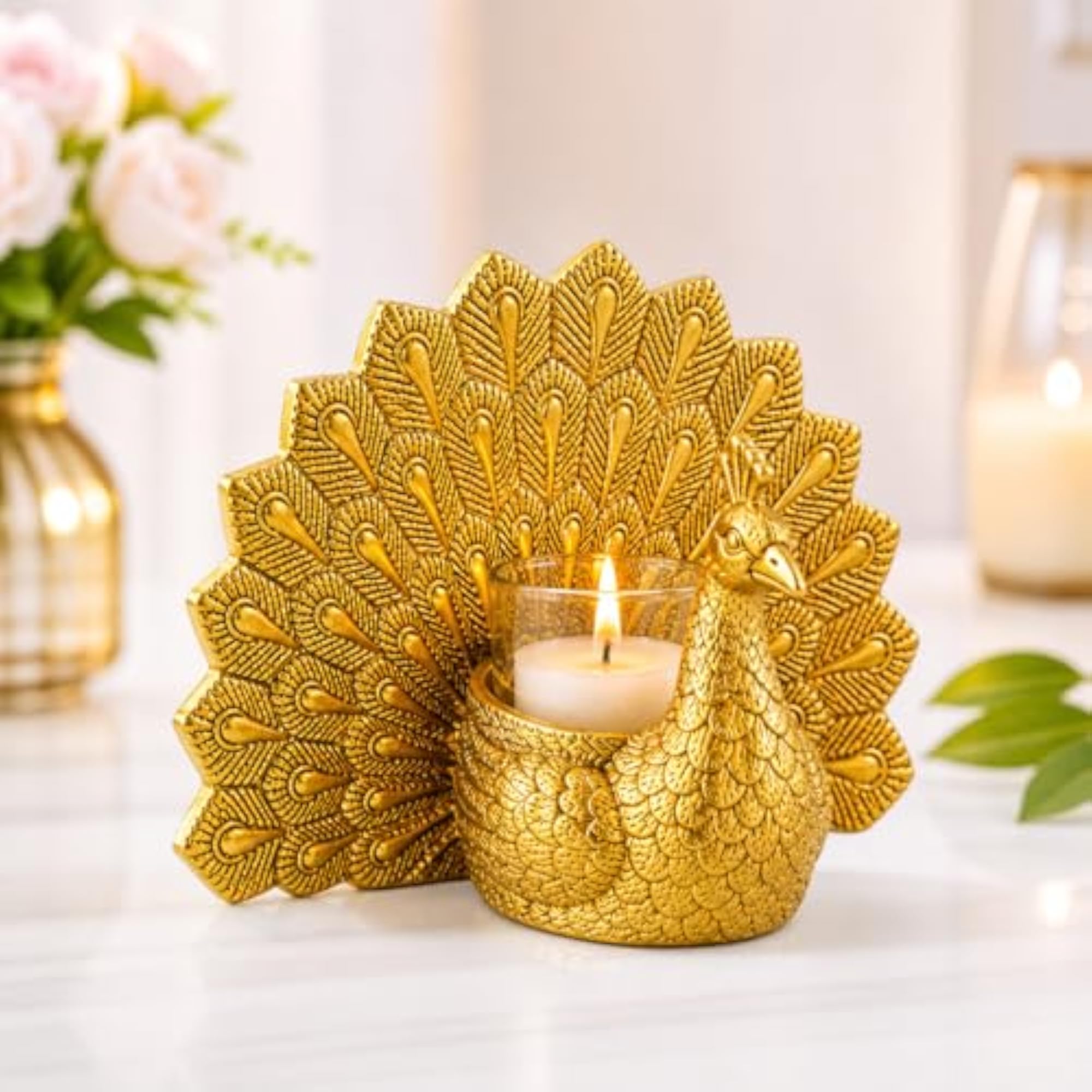 Brass Dancing Peacock Candle Holder with Scented Candles