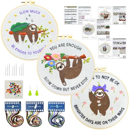 Image of La glaneuse 3 Pack Embroidery Kit for Adult, Beginner Embroidery Kit of Positive Sloth Patterns with Positive Healling Quotes for Mental Healing