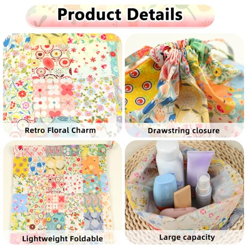 Vintage Floral Drawstring Makeup Bag,Toiletries Travel Bag Organizer with Durable Cotton Fabric Retro Coquette Aesthetic Cosmetic Pouch for Women Girls Pouches for Jewelry (Multi-colored floral grid)4