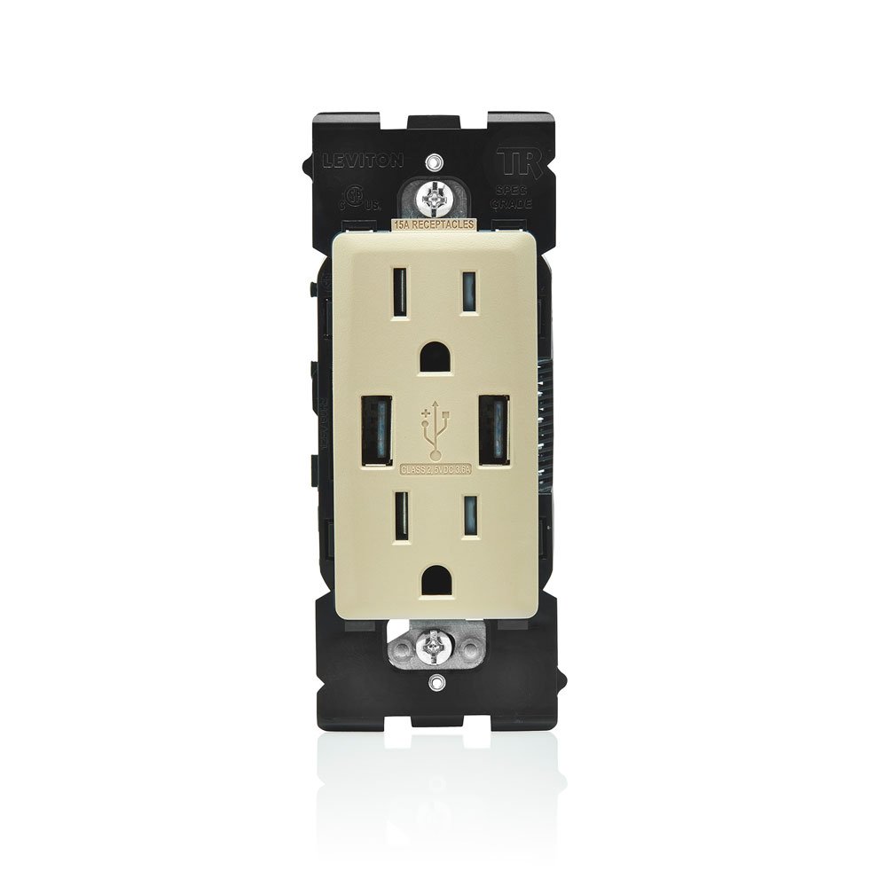 Leviton Renu USB Charger/Tamper-Resistant Duplex Outlet, 15A-125VAC, RUAA1-CA, CafÃ Latte