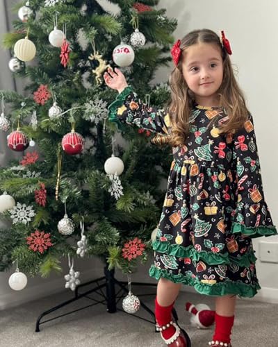 HINTINA Toddler Girl Christmas Dress Flared Sleeve Ruffle Xmas Dresses2