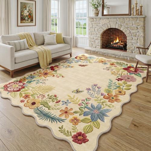 Image of Beauoop Washable Area Rug Beige Floral Neutral 160x230 cm Vintage Flower Botanical Boho Cottage Scalloped Soft Non Slip Low Pile Indoor Carpet for Living Room Bedroom Dining Kitchen Office Entryway
