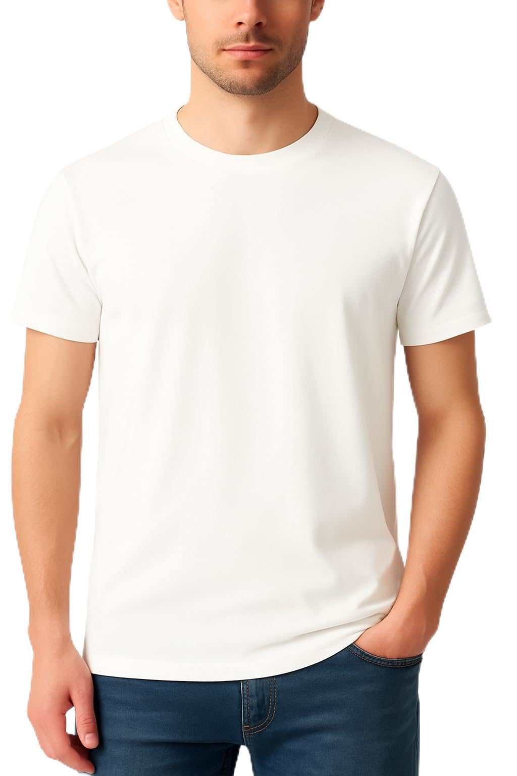 Mens T-Shirt 100% Cotton Premium Crew Neck, Short Sleeve, Regular Fit, Solid Casual Tee Small White