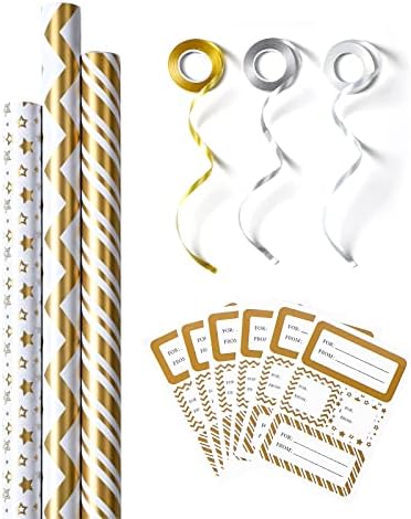 Packanewly Wrapping Paper Set - 17 inch x 120 inch White Gold Designs Mini Roll with Ribbon and Tag Stickers (3-Pack, 42.3 sq.ft.ttl.)