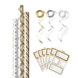 Packanewly Wrapping Paper Set - 17 inch x 120 inch White Gold Designs Mini Roll with Ribbon and Tag