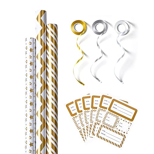 Packanewly Wrapping Paper Set - 17 Inch X 120 Inch White Gold Designs Mini Roll With Ribbon And Tag Stickers (3-Pack, 42.3 Sq.ft.ttl.) #TOP29