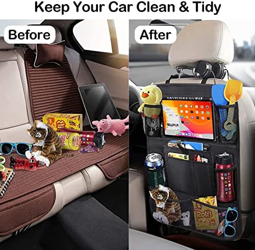 PEAGXOM 2 Pack Car Seat Organiser,Car Organiser Back Seat for Kids with Touch Tablet Holder kick mats Car Seat Storage Protector Cover with 9 Pockets for Snacks Drinks Toys,Campervan Accessories UK