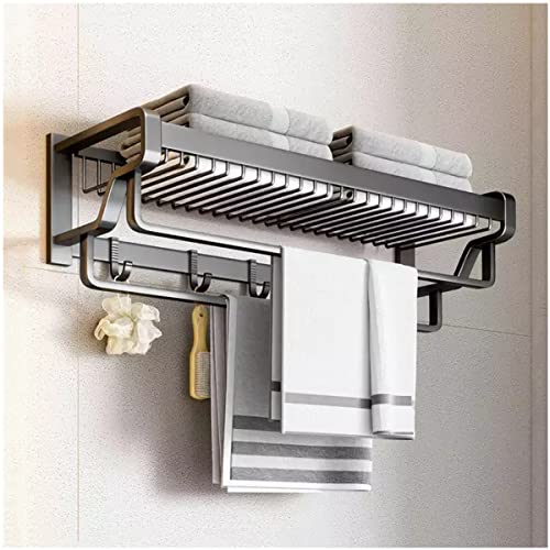 Toallero de pared con estante, organizador multifuncional de aluminio negro autoadhesivo con ganchos para baño, ducha, solución de almacenamiento, diseño de ahorro de espacio.