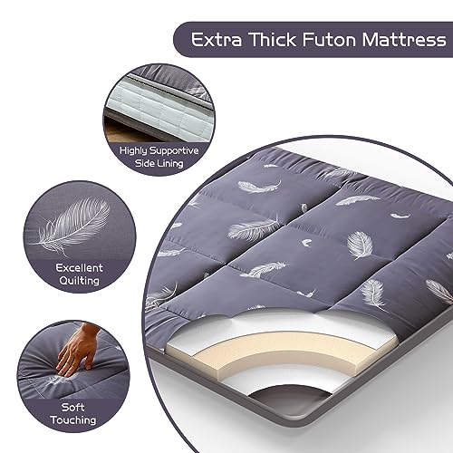 YOSHOOT 6 Inch Extra Thick Japanese Futon Floor Mattress, Foldable Mattress Tatami Pad Mattress for Adults Floor Bed Roll Up Mattress Guest Mattress, Grey Feather, Twin
