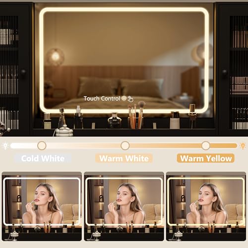 Image of Fluted Makeup Vanity Desk with Mirror and Lights, 55 inch Glass Top Vanity with 8 Drawers & 4 RGB Glass Cabinets, Adjustable Shelves & Power Outlet, Modern Dressing Table Set for Women Girls Bedroom