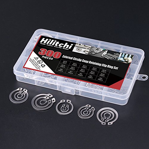 Hilitchi 300-Pcs [15-Size] External Circlip Snap Retaining Clip Ring Assortment Set - 304 Stainless Steel #TOP3