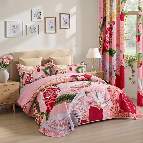Image of Tyrot 3 Piece Pink Boho Floral Full /Queen Quilt Sets Farmhouse Botanical Reversible Lightweight Bedspread with 2 Shams Butterfly Microfiber Bedding Quilts Set for All Season, 90''x96''