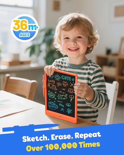 Image of TEKFUN LCD Writing Tablet for Kids, 10-inch Coloring Drawing Pad, Mess Free Doodle Board, Airplane Travel Toys for Boys and Toddlers, Gifts for 3 4 5 6 7 8 Year Old Girls(Orange)