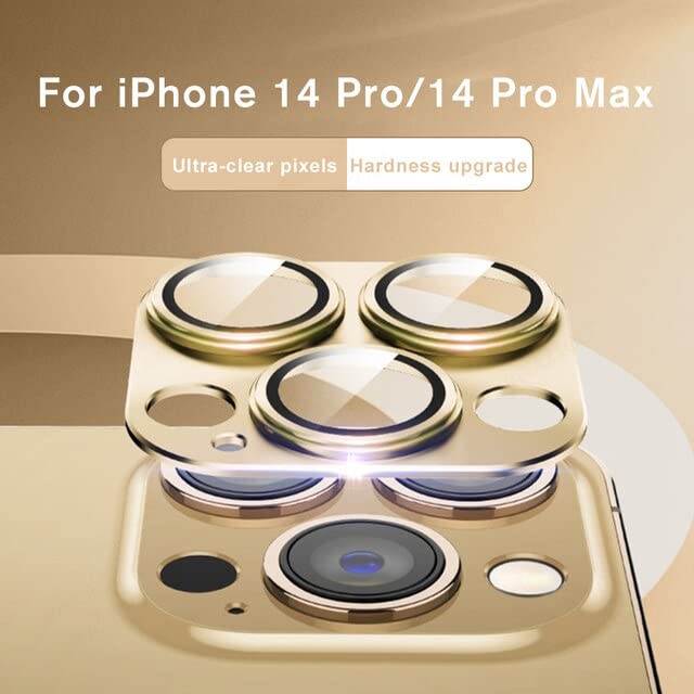 Image of Camera Lens Protector for iPhone 14 Pro /iPhone 14 Pro Max, Alloy Metal Camera Cover with Tempered Glass Screen Protector,Case Friendly,Scratch Resistant (Gold)