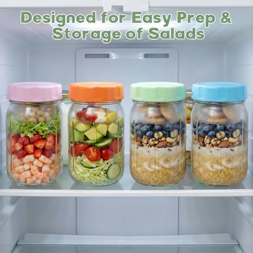 Image of Salad Jars with Lids Meal Prep Containers Glass - 32oz Leakproof Mason Jars Salad Containers with Dressing Cup for Lunch Bentgo, Full Meal Salads Lunch Containers with Spoon Forks for Adults