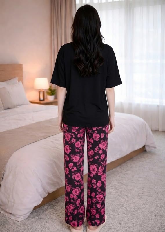 Image of KSHS Printed Round Neck Short Sleeve Nightsuit Set | Pajama Set | Casual Night Dress for Women