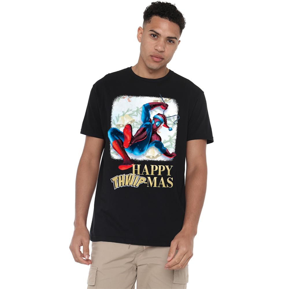 Marvel Men's Black Spiderman Happy Thwipmas Christmas Window T-Shirt in Size 3XL, Sports Direct