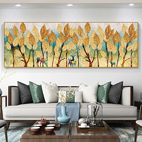 Peinture sur toile arbre feuilles d'or habillage grand mur vide salon