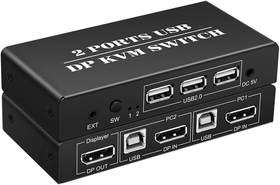 2 Port DisplayPort 2x1 DP KVM Switcher Switch DP 1.2 4K@60Hz Supports USB 2.0 Devices Control up to 2 DP Port Device with DP Cable
