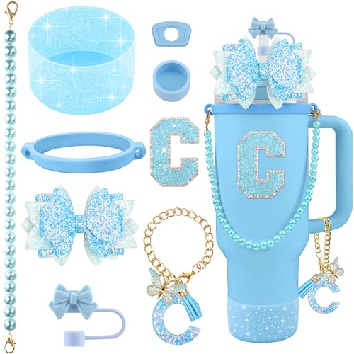 Hpebl 9PCS Blue for Stanley Cup Accessories Set Bling Initials Bow Charms for Stanley Decorations 30/40 Oz Tumbler Accessories Including Bow Straw Topper, Handle Strap, Spill Stopper（Letter C） - image 1
