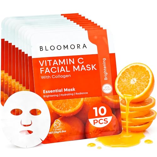 BLOOMORA 10 Pack Vitamin C + Collagen Face Mask Set Vitamin C Face Sheet Mask for Radiant Skin Care Hydrating Sheets for All Skin Types Moisturizing Care for Glow & Firmness Spa Gifts for Women