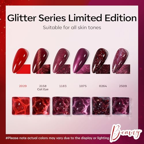 Image of modelones Gel Nail Polish Set, 6 PCS Christmas Red Burgundy Purple Glitter Gel Polish Colors Cat Eye Chameleon Shimmer Soak OFF LED Nail Art Gel Nail Kit Manicure Salon DIY Nails Gift