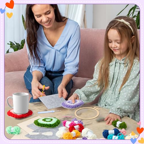 Image of WATINC Heart Punch Needle Coaster Kit - 22Pcs Easy Art Work Decor Craft Supplies Kits for Beginners, DIY Set of 6 Love Pattern Tufted Rug Pads with Adhesive Felt Yarns Embroidery Hoop Instruction Gift
