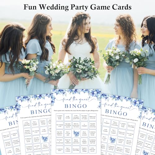 Image of Find The Guest Bingo Games, 25 Blue Floral Bridal Shower Game Cards Set, Engagement Party Game for Guests, Wedding Games for Reception, Minimalist Marriage Party Supplies-19