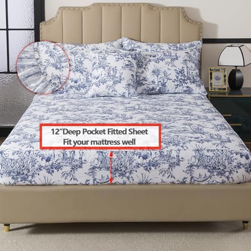 Image of FADFAY College Dorm Twin XL Sheets Set 100% Egyptian Cotton Classic Blue & White Toile Scenic Print Farmhouse Bedding Extra Long Size for Dormitory & Guest Room Soft Breathable for All Seasons 4Pcs