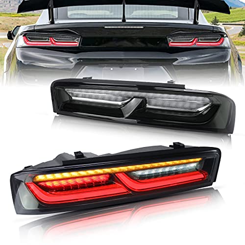 VLAND Led Tail lights Compatible with Chevrolet Camaro 2016 2017 2018 w/Amber Turn Signal w/Sequential (US Plug), Smoke Clear Lens Rear Lamp Assembly with Passenger& Driver Sides