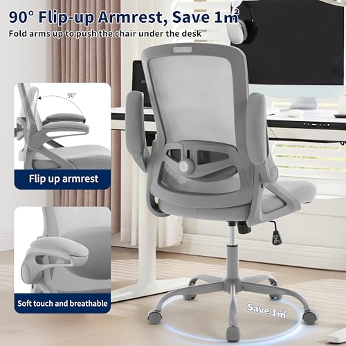 Image of Ergonomic Office Chair, Desk Chair with Adjustable Lumbar Support, Breathable Mesh Comfy Computer Chairs with Flip-up Armrests Executive Task Chair for Adults Home Office (Gray)