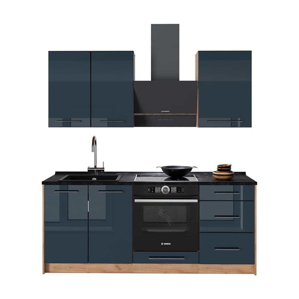 Vicco Singleküche Fame-Line, Dunkelblau Hochglanz/Goldkraft Eiche, 190 cm | AP Anthrazit, zur individuellen Erweiterung mit kompatiblen Modulen