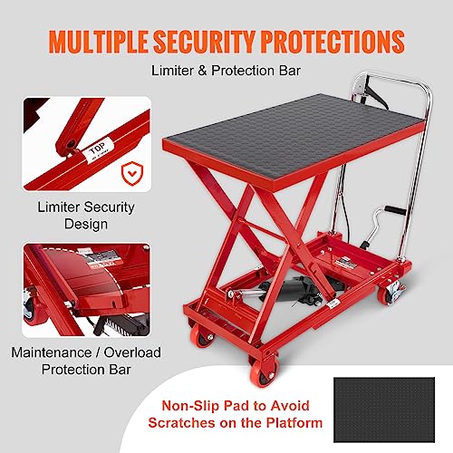 VEVOR Hydraulic Lift Table Cart, 500lbs Capacity 28.5" Lifting Height, Manual Single Scissor Lift Table with 4 Wheels and Non-Slip Pad, Hydraulic Scissor Cart for Material Handling, Red