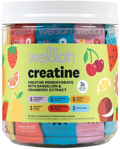 Image of Wellah Creatine for Women (Variety Pack) 30 Stick Packs - 3g of Creatine Monohydrate Powder with Dandelion & Cranberry Extract, 6 Flavors, to-Go Packets