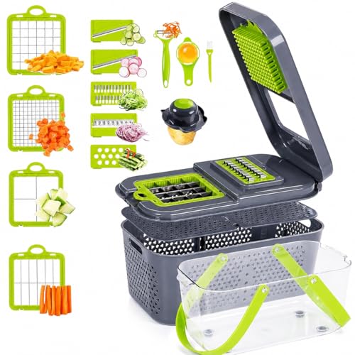 Image of 22 in 1 Vegetable Chopper with Container & Interchangeable Blades | Manual Vegetable Cutter, Onion Chopper & Vegetable Slicer | Multipurpose Food Dicer with Hand Protector | Kitchen Chopper