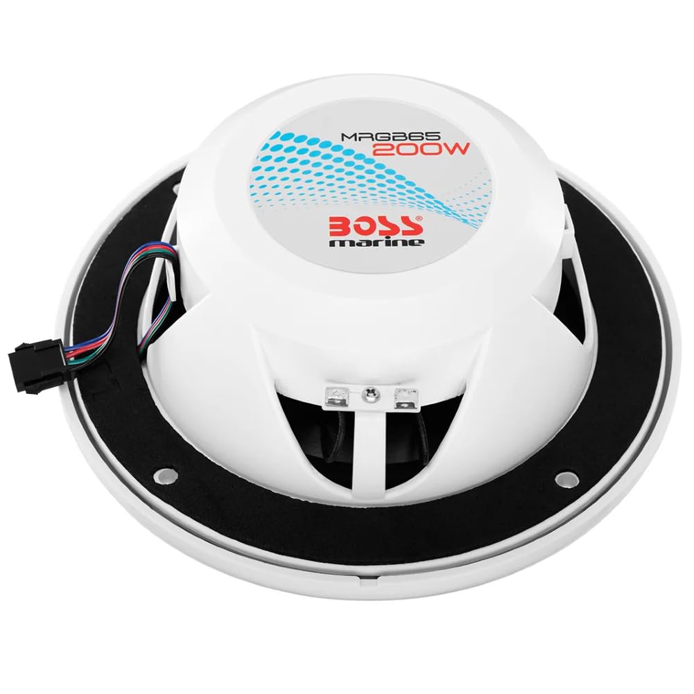 KIT SET PER BOSS AUDIO SYSTEMS MRGB65 2 altoparlanti marini full range a 2 vie da 6,5" 16,5 cm 165 mm, 100 watt rms 200 watt max, 4 ohm, impermeabili, con led rgb, a coppia + telecomando