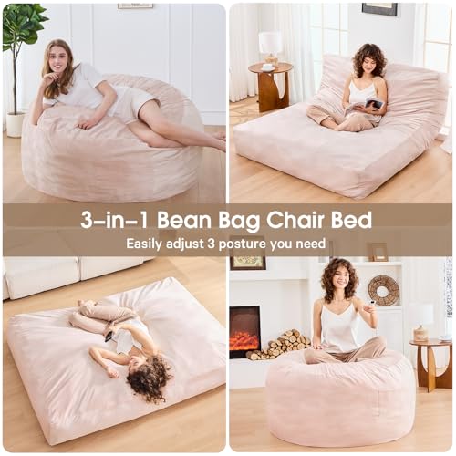 Bean Bag Chairs for Adults - Giant Bean Bag Chair Convertible Bean Bag Bed - Beanbag Chair with Micro Fiber Cover/Furniture Foam Filler - Floor Couch Sofa in Bedroom Dorm Room - Full Pink