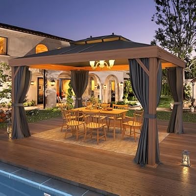 EROMMY 10' x 13' Hardtop Gazebo Metal Gazebo with Wood Grain Aluminum Frame, Galvanized Steel Double Roof with Netting and Curtains for Backyard, Patio, Lawns