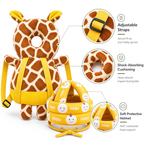Image of GLUN Baby Back Protector with Head Protective Hat Combo Set, Cute Giraffe Shape Soft Cushioning, Adjustable Shoulder Belt, Head Protection Gear for 6-18 Month Toddler Kids